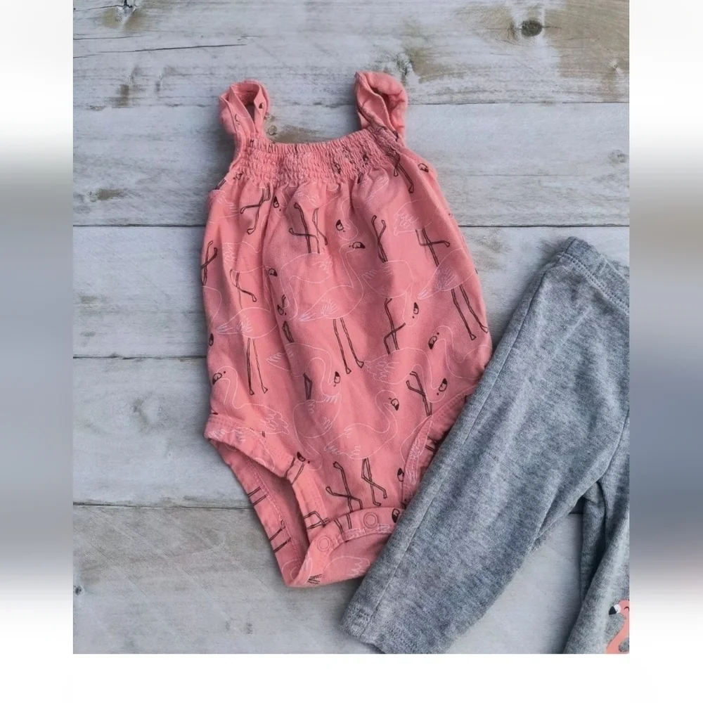 Carter's Baby Girl Flamingo Sleeveless One Piece With Gray Pants Size 6 Months